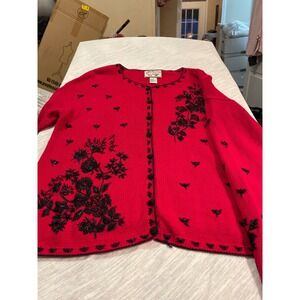 Vintage Heirloom Collectibles Red Beaded Floral Cardigan Sweater Women's Medium‎